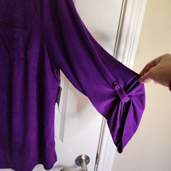 Catherines Faux Suede Top Womens 1X Purple Microfiber Roll Tab Long Sleeve - Picture 5 of 13